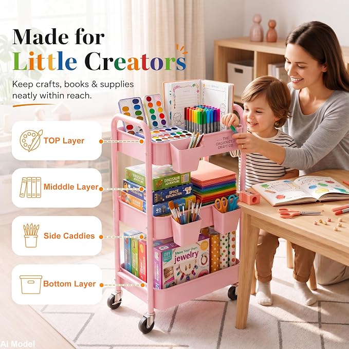 3 Tier Rolling Cart Metal with Lockable Wheels, Pink Three Tiered Diaper Caddy Cart Organizer on Wheels, Storage Utility Trolley Carts for Craft, Art, Nail, Lash, Baby Supplies, Cleaning, Mesh