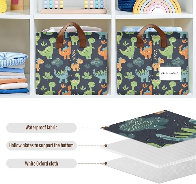 Sage Green Dinosaur Orange Black Baby Storage Basket with Labels&Handles Rectangular Waterproof Nursery Storage Bins Collapsible Shelf Organizer Baskets for Kids Books Cloth Gift Toys Laundry, 2 Pack