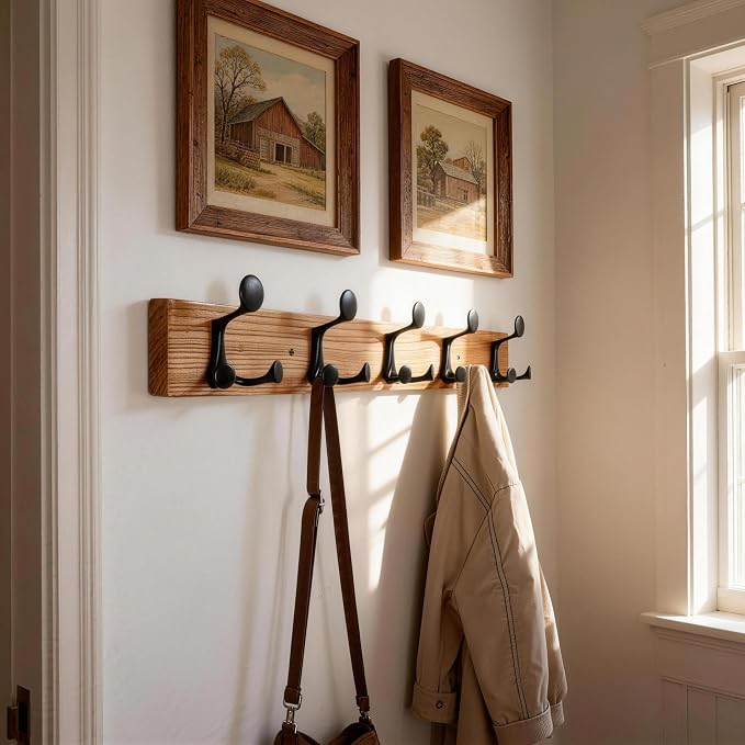 SKOLOO 24-Inch Wood Coat Rack Wall Mount with 5 Triple Hooks - Ideal for Family Entrances, Classrooms, and Pet Supplies Storage - Perfect Coat Hooks for Wall, Black on Natural