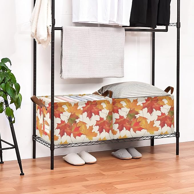 Orange Fall Maple Leaves Beige Storage Bins for Shelves with Labels&Handles Fabric Organizer Bin Foldable Rectangle Storage Basket Boxes for Closet, Bathroom, Home, Living Room, 2 Pack