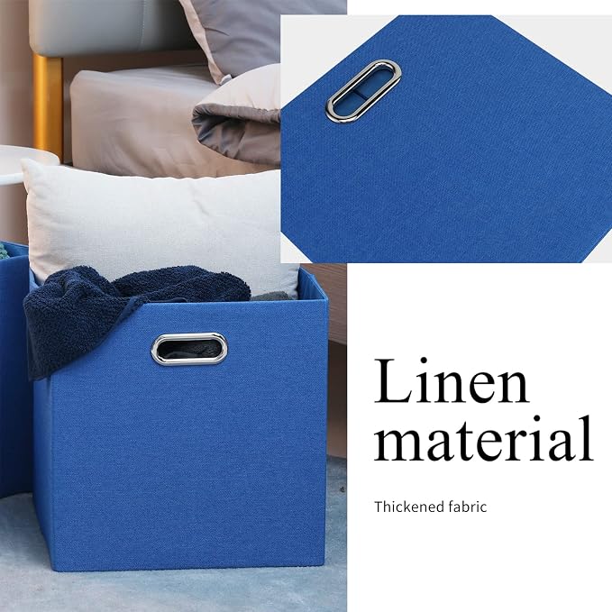 13x13x13 Inch Foldable Cube Storage Bins with Metal Handles, 4 Pack | Navy Blue fabric organizer boxes|for closet, shelf, bookcase and bedroom|fold flat when unused