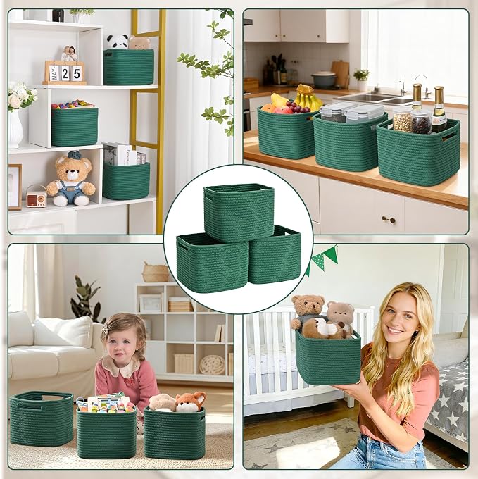 3 Pack Cube Storage Bin, 9”x9”x7” Cotton Rope Woven Baskets for Organizing Toys Clothes Towels, Square Gift Storage Baskets for Shelves, Nursery, Closet, Bathroom, Pantry (Green)