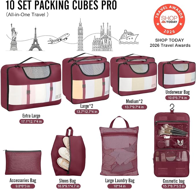 Veken 10 Set Packing Cubes for Travel Essentials, Suitcase Organizer Bags in 4 Sizes, Carry-On Luggage Accessories with Laundry Bag, Airplane Must Have with 99-Count Mesh Holes