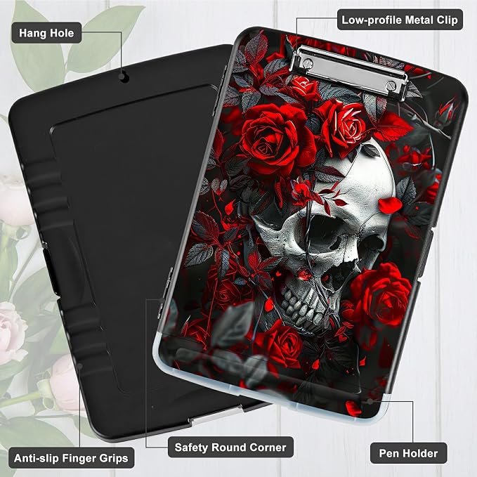 Red Rose Skull A4 Clipboard with Storage Pen Holder, Clipboards Organizer Nursing Clipboard Foldable File Folder Plastic Clipboard Folio Clip Board for Office Students Classroom Doctor