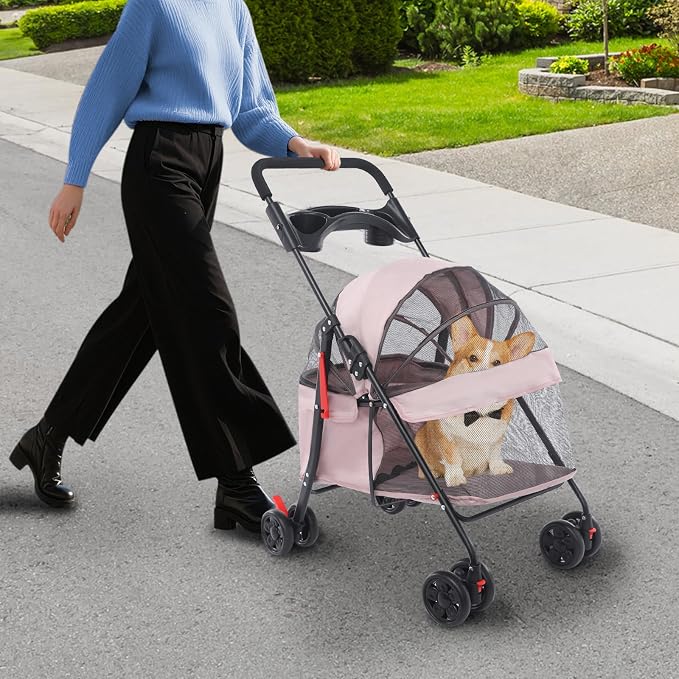 Foldable Pet Stroller with Mesh Windows, 40lbs Capacity Pet Carrier Cart with Locking Wheels, Breathable Cat & Dog Stroller for Small Animals, Foldable Pet Travel Cart for Outdoor (Pale Pinkish Grey)