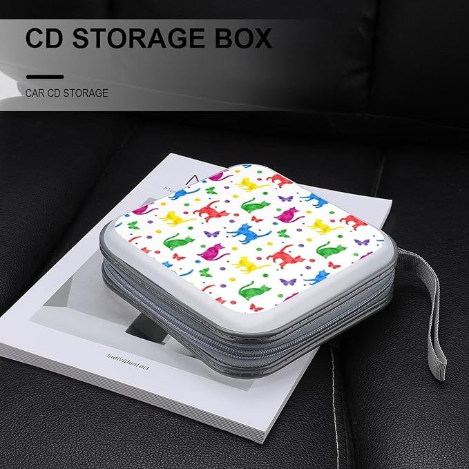 Portable 40-Capacity DVD Storage Binder Colorful Cats, Hard Case CD Holder with Zipper, Organizer for Music Movies Game Discs