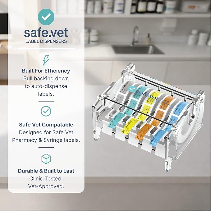 Veterinary Syringe Label Dispenser by Safe Vet | Countertop Injectable & Pharmacy Label Organizer for Vet Clinics, ICU, Surgery & Anesthesia (5 Slots)