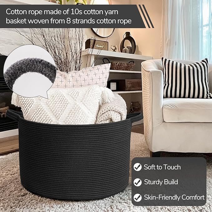INDRESSME XXXLarge Woven Rope Blanket Basket Living Room Black, 90L | 21.7" x 13.8" Storage baskets for toys laundry & pillows. Fits living room, bedroom or nursery décor. Soft-touch with handles