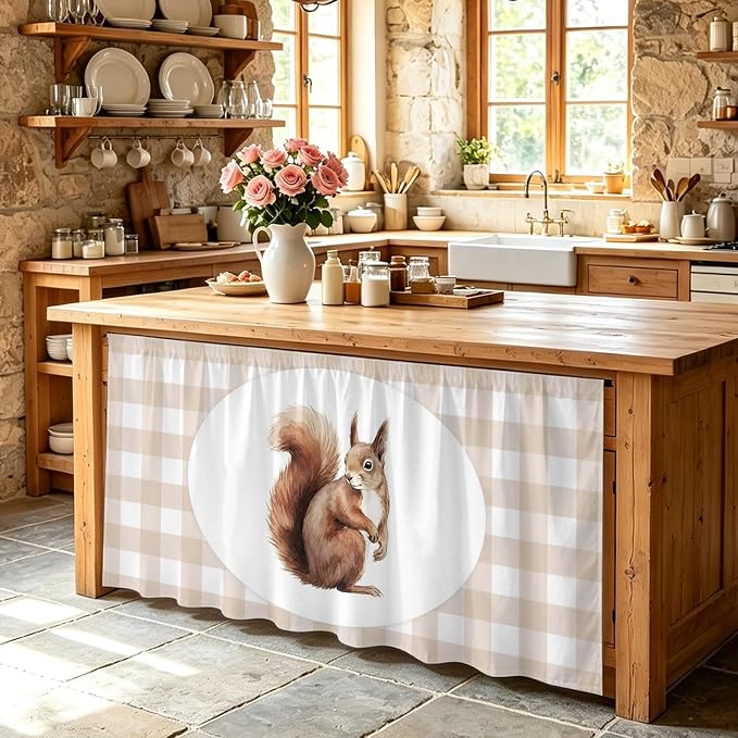Squirrel Plaid Cabinet Curtains 28"x51" Sink Skirt for Bathroom Kitchen, Modern Farmhouse Checkered Rustic Animal Self Stick Adhesive Under Desk Covers Tall Laundry Cabinet Storage Organizer