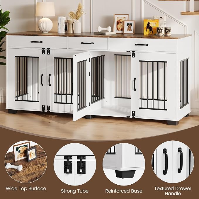 IDEALHOUSE 71-Inch Large Dog Crate with 3 Drawers for 2 Dogs, White | Dog Kennel Furniture, Large Breed Dog Crate and TV Stand for Medium-Large Dog