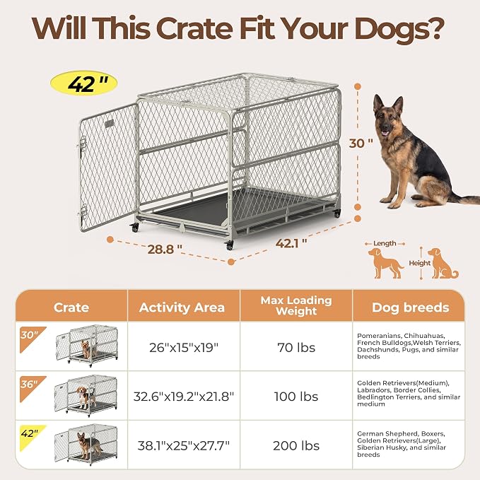 42 Inch Collapsible Dog Crate for Large Dogs, Foldable Metal Dog Kennel with Reinforced Diamond Wire Mesh, Escape Proof Foldable Dog Cage, Leak-Proof Removable Tray, Double Secure Door Latch