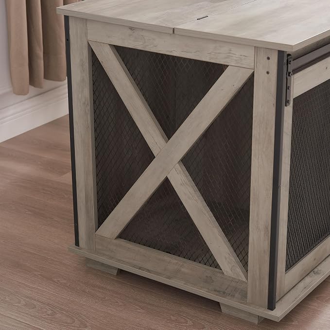 28" H Farmhouse Style Wooden Dog Crate with Sliding Barn Door - Functional End Table Dog Kennel for Small, Medium and Large Dogs, Featuring Flip-top Plate and Detachable Divider (Gray wash)
