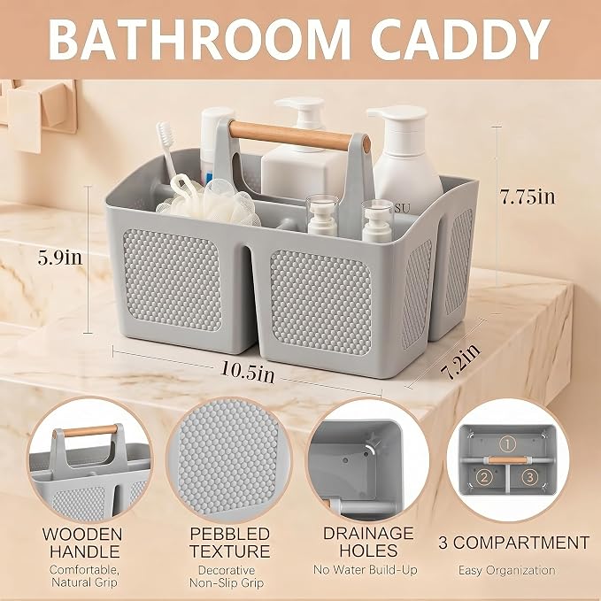 Haundry Plastic Light Gray Shower Caddy Basket with 3 Compartments, Portable Divided Bathroom Cleaning Caddy Organizer Storage Tote with Handle for Dorm, College, Room Essentials