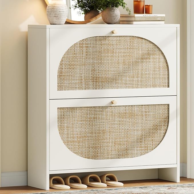 Shoe Cabinet Storage for Entryway Slim 9.5" Freestanding Floor Base Shoe Storage Cabinet, 2 Flip Drawers with 3-Position Adjustable Divider, Holds 16-24 Pairs, Cream White