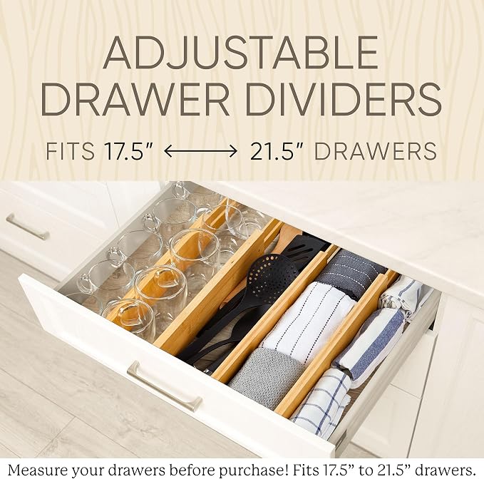 Night Tree Expandable Bamboo Drawer Dividers – drawer separators for Clothes, Kitchen Utensils, Bathroom, and Dresser Drawers (17.5" to 21.5")