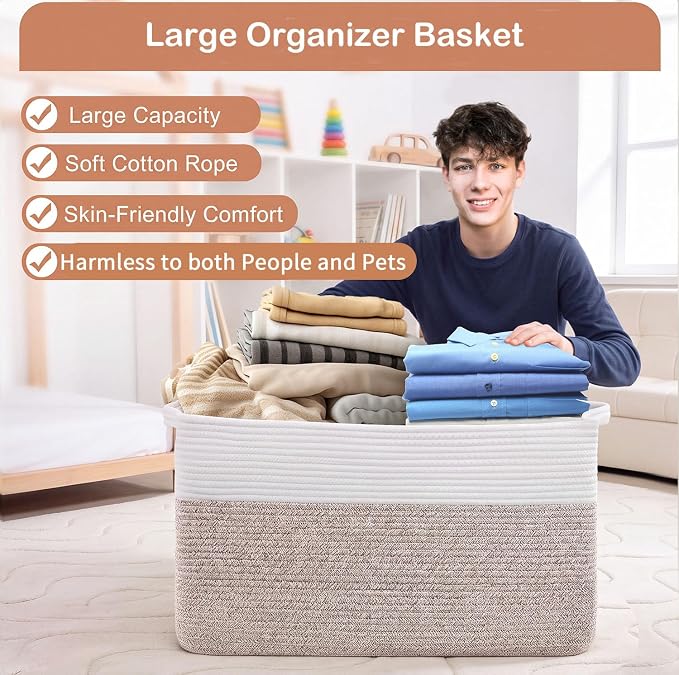 75L Large Blanket Storage Basket with Handles - White & Brown | Extra-large clothes storage bin. Soft cotton, foldable, washable.Holds blankets, pillows for living room, bedroom, dorm.