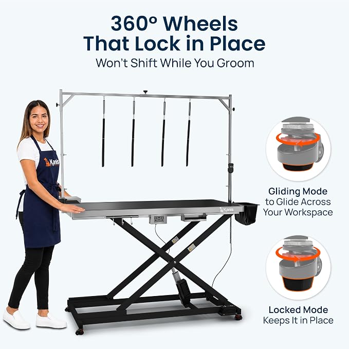 Professional Electric Dog Grooming Table - Heavy Duty | Height Adjustable Pet Grooming Table w/Leveling Wheels, Dog Grooming Arm, Anti-Slip Tabletop & Tool Organizer (Black, 60")
