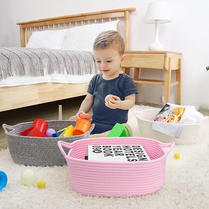 ABenkle Small Storage Basket with Handles, Cotton Rope Woven Dog Cat Toy Bin, Decorative Shelves Closet Organizing for Nursery Laundry Bedroom Bathroom, 14.2''x 11''x 5.1''