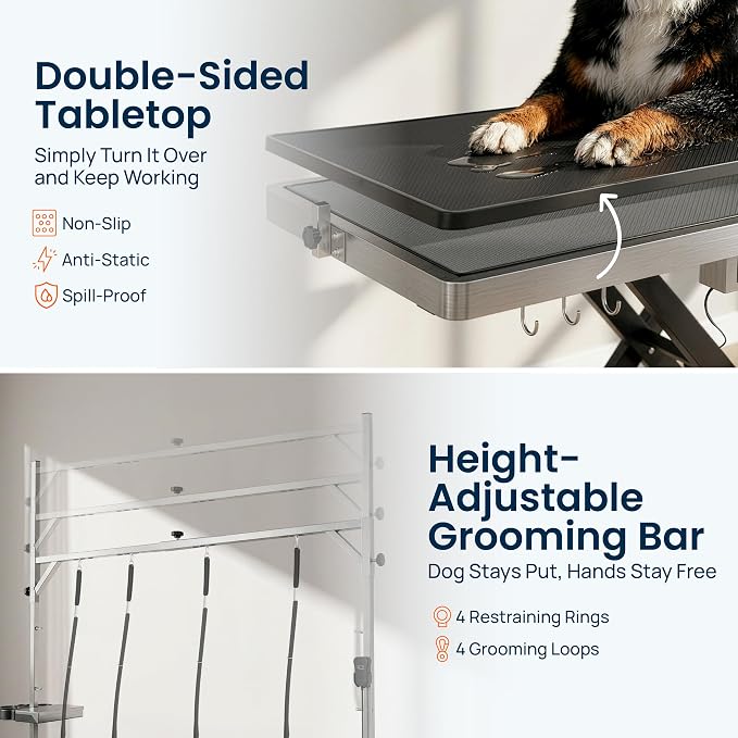 Professional Electric Dog Grooming Table - Heavy Duty | Height Adjustable Pet Grooming Table w/Leveling Wheels, Dog Grooming Arm, Anti-Slip Tabletop & Tool Organizer (Black, 49")