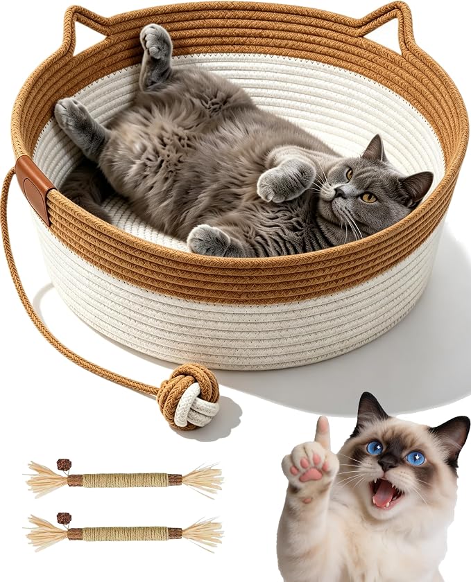 Instinct Basket for Cats,Cat Basket Bed with Cushion & Hanging Ball Toy,Handwoven Cotton Rope Cat Basket (Orange,S(up to 9Lb))