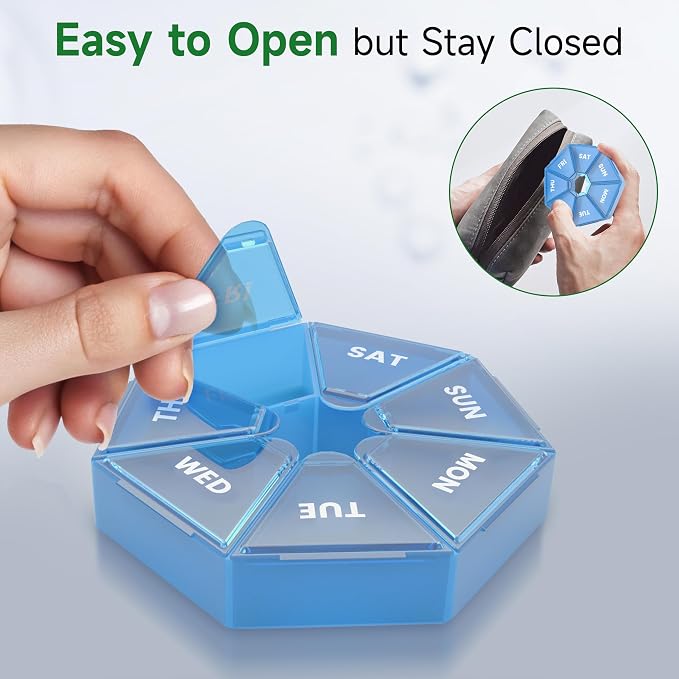 Weekly Pill Organizer, 2 Pack Portable Travel Pill Box, 7 Day Pill Case | Easy Open, BPA-Free, Arthritis Friendly Medicine Pill Container, Medicine Case for Vitamins,Supplements Medications, Blue