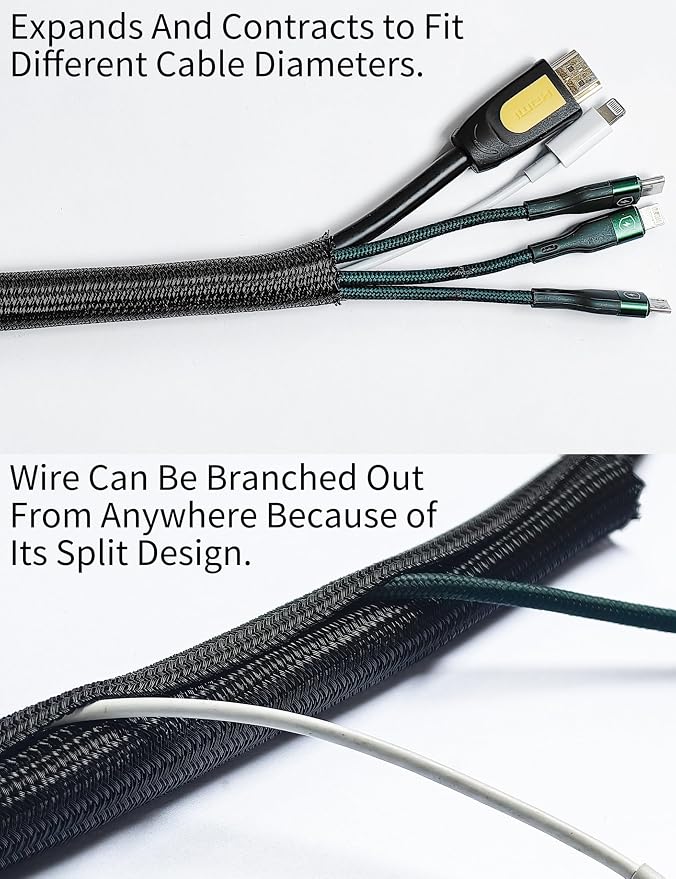 Cable Management Split Wire Loom Sleeve - Cord Hider & Protector for Desk, Pet Chew Proof, Wire Cover Organizer, Flexible Tube for Wires and Cables (1/2 Inch 12FT, Black)