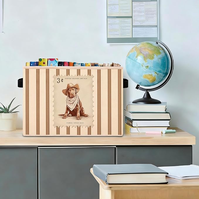 Western Cowboy Dog Stripe Foldable Fabric Storage Bin for Kids Room | Cute cowboy puppy stripe design; collapsible fabric bin for toys, books, clothes in kids room, nursery or playroom.