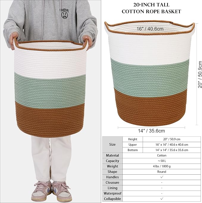 Sea Team Large Woven Cotton Rope Laundry Basket with Handles, 20 x 14 in | Collapsible Knitted Hamper, Closet Shelf Organizers, Containers for Clothing, Blankets, Toys, Bedding, Green & Brown