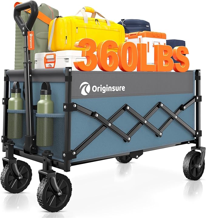 Originsure 110L Portable Foldable Wagon Cart, 360lbs Heavy Duty, Grey&Blue | All-Terrain Wheels,Solid Steel Frame,Adjustable Handle,Compact&Space-Saving,Utility for Camping,Sports,Grocery,Garden