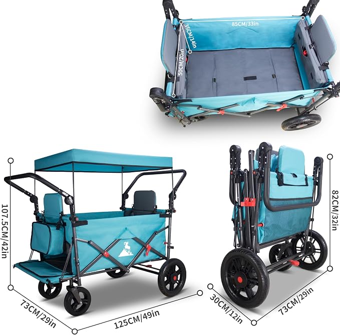 Foldable Wagon with Canopy - Collapsible Utility Cart with 2 Seats & Belts, Adjustable Handle, Expandable Front for Camping, Picnic, Shopping (Turquoise/Grey)