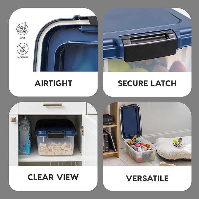 IRIS USA Airtight Dog Food Storage Container, Up to 14 lbs, Dog Cat Bird and Other Pet Food Treats Storage Bin, Dog Cat Wet Food Cans, Keep Fresh, BPA Free, Stackable, Navy | BPA-Free, Airtight Seal, Best for Cat Food, Bird Seed, Chicken Feed, Pet Toys...