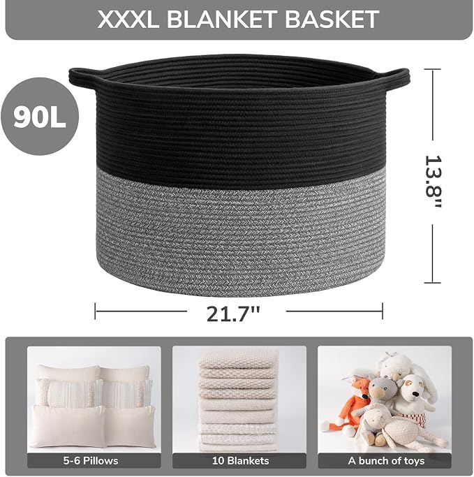 INDRESSME XXXLarge Woven Rope Blanket Basket Living Room Black Grey | 21.7" x 13.8" Storage baskets for toys laundry & pillows. Fits living room bedroom or playroom décor. Soft-touch with handles