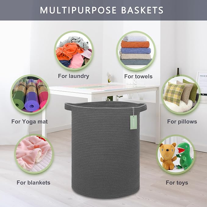 Cotton Rope Blanket Basket, 72L Tall Laundry Hamper, Dark Gray
