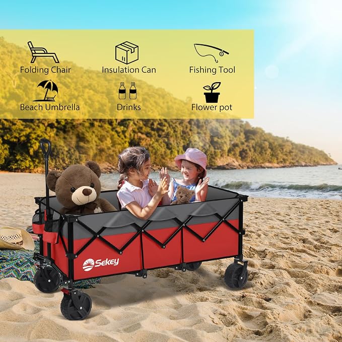 Sekey 48''L Collapsible Foldable Extended Wagon with 660lbs Weight Capacity, Heavy Duty 300L Folding Utility Garden Cart with Big All-Terrain Beach Wheels & Drink Holders. Red&Grey