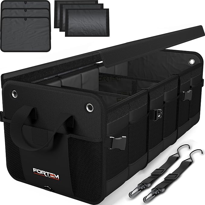 FORTEM Trunk Organizer - Collapsible Car Organizer & Storage Bag for SUVs | Car Accessories for Men & Women, Cooler Bag, Non Slip Bottom, Straps, Soft Cover, 1680D Oxford, 6 Compartments, Black, 90L