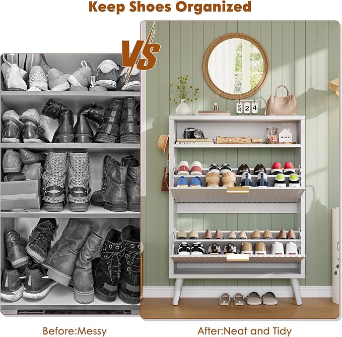 Shoe Storage Cabinet with 2 Flip Drawers for Entryway,Fluted Door | Narrow Shoe Storage Organizer Rack, Hidden Shoe Cabinet with Adjustable Shelves for Entryway, Hallway, Living Room,White