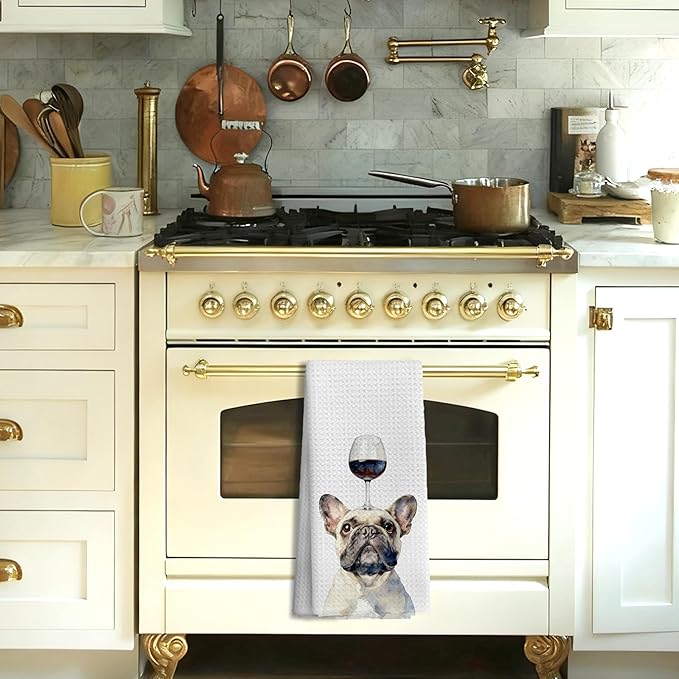 Funny Wine French Bulldog Decorative Kitchen Towels, Gifts for French Bulldog and Wine Lovers Hand Tea Towels for Bathroom, Frenchie Gifts for Women Men Dish Towel Dishcloth, 16x24 Inch