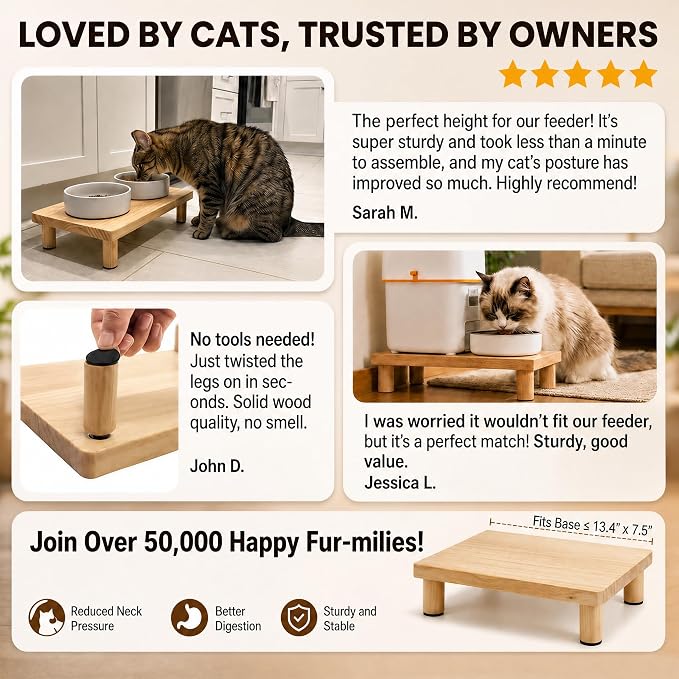 Elevated Cat Food Stand for Automatic Feeder, 2.4" Raised Cat Bowl Stand | Pet Food Station for Neck & Joint Care, Waterproof Solid Wood Cat Feeder Stand, Cat Food Table with Non-Slip Feet
