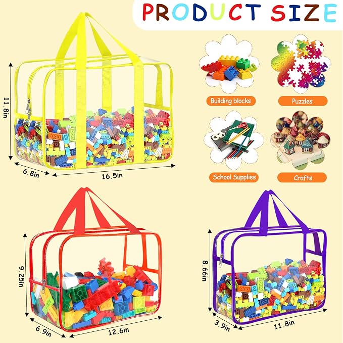 6 Color Toy Storage Bags with Labels, Reusable Clear PVC Board Game Storage, Travel Waterproof Organizer Bags with Zipper Large Capacity (L, XL, XXL)