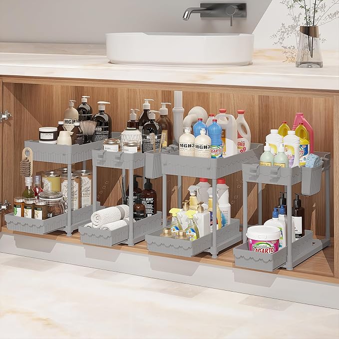 4-Pack 2-Tier Under Sink Organizer with Pull Out Drawers | Multi-use kitchen & bathroom storage. Includes hanging hooks and cups. Gray, space-saving cabinet design. 12.8 Inch