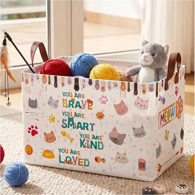 Cute Cat Toy Storage Basket,Square Toy Bin,Storage Bin for Pet Room Decor | Collapsible Nursery Storage Bin with Sturdy Handles for Clothes, Toys, Pillows, Living Room Bedroom Bathroom