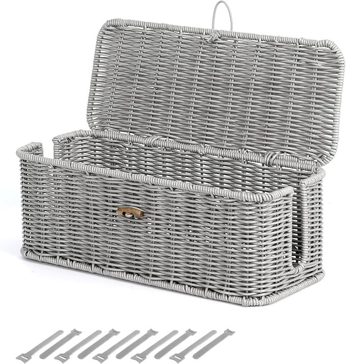 Cable Management Box, Cord Organizer with Lid & Cable Ties - Gray Small | Handmade Open Slots Cord Hider Outlet Covers for Power Strip TV PC Router Charger Under Desk Storage