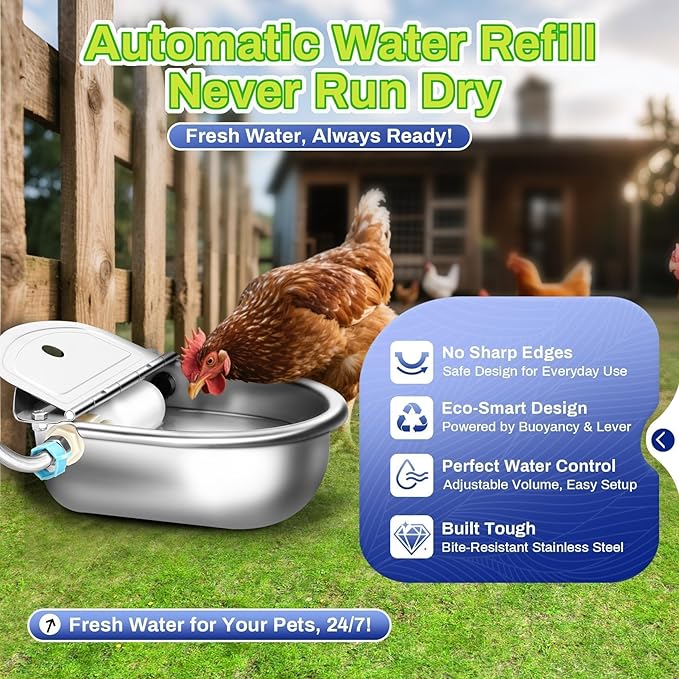 Automatic Animal Drinking Water Bowl with Float Valve, Stainless Steel Kit Includes Bowl, Standard Pipe, Replacement Valve, Quick Connector Adapter and Countersunk Bolts(Auto-Filling)