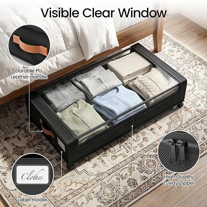 Yecaye 60 L Under Bed Storage with Wheels, 2 Pack Under Bed Storage Containers with Clear Window & Label, Rolling Under bed Shoe Storage organizer for Clothes, Shoes, Black