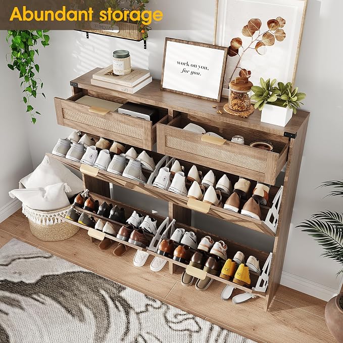 Halitaa Shoe Cabinet with 4 Flip Drawers & 2 Drawers,Farmhouse Shoe Storage Cabinet for Entryway,Slim Freestanding Organizer Rack for Front Door Entrance,Rustic Oak Rattan