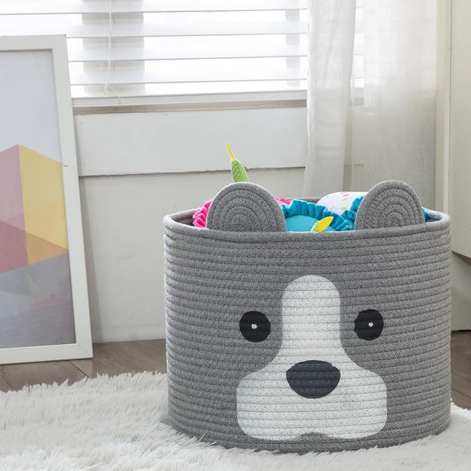 Medium Dog Woven Baskets with Handle, Dog Toy Hamper, Cotton Rope Dog Toy Storage Baskets for Pet, Animal Basket for Kids, Baby Gift Baskets for Dog Lovers, Grey