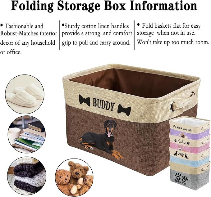 xrlsg Personalized Dog Toy Storage Basket Bin - Collapsible with Pet's Name - Rectangular Custom Storage Box Chest Organizer for Toys, Coats, Clothing, Blankets