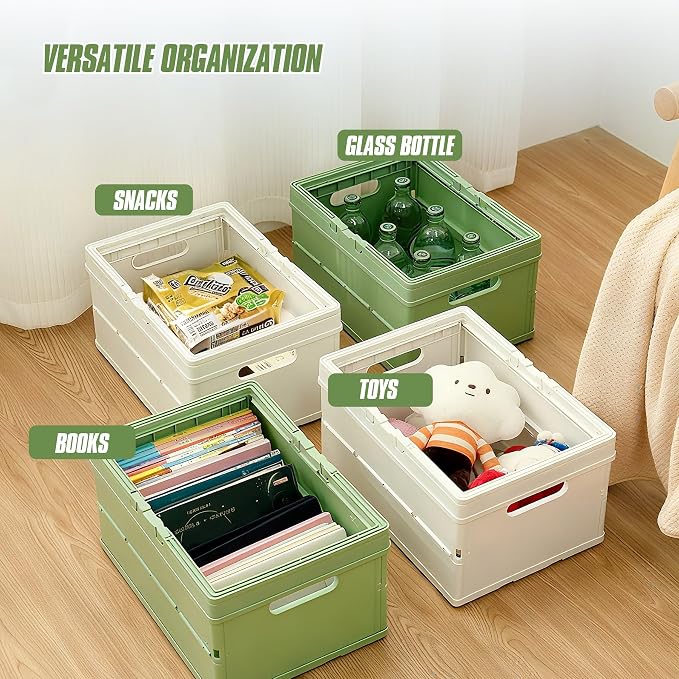 Collapsible Storage Crate, Foldable Plastic Basket with Lid and Handle, Foldable Storage Box Crate Bin for Home Kitchen Office Bathroom Bedroom Pantry (Green, 2-Pack)
