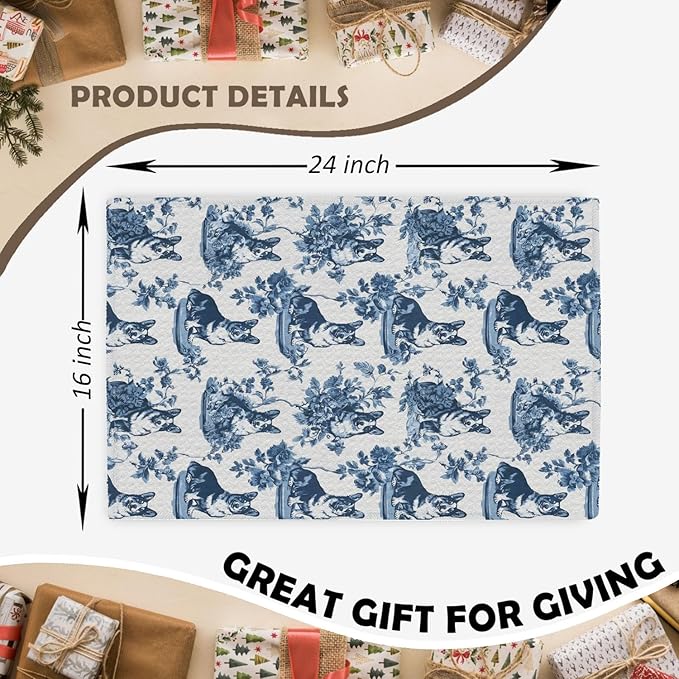 Corgi Kitchen Dish Towels,Blue and White Floral Dog Towel Dish Tea Towels, Chinoiserie Decor for Kitchen Bathroom,Corgi Gifts for Dog Lover Mom Dad,16x24 Inch