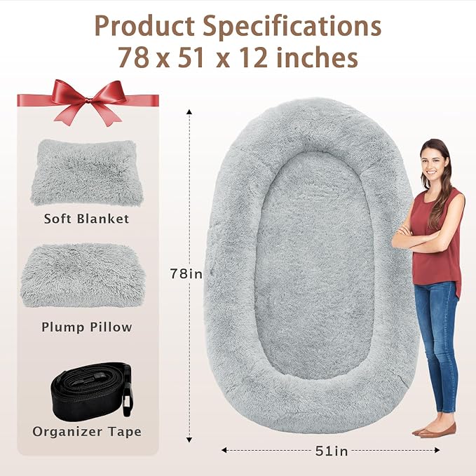 ROOMTEC Human Dog Bed, 78''x51''x12'' Size Fits Adult and Pet Washable Giant People Bed 10 CM Thick Memory Foam Large Oversize Pet Bed with Plump Pillow, Blanket, Strap - Grey